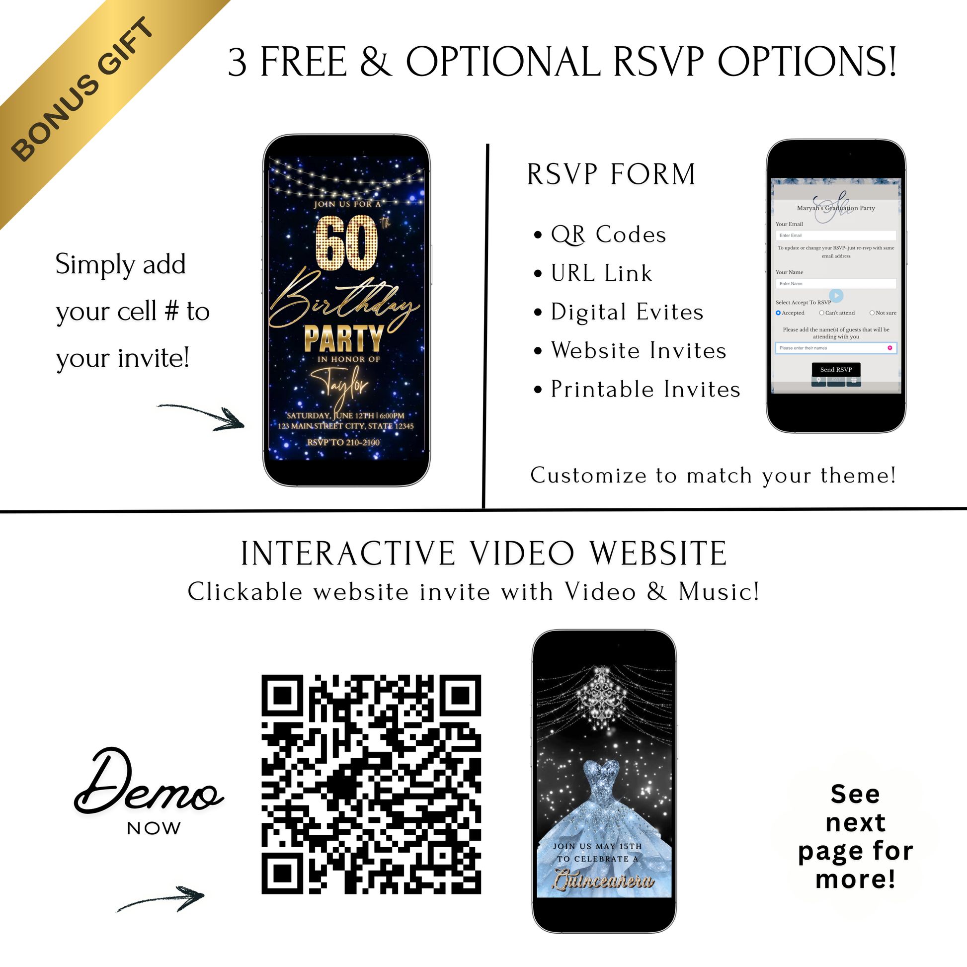 Editable navy gold starry 60th birthday birthday video invitation displayed on a mobile phone, featuring an animated vertical digital invite with music, created in Canva. This premium video invitation template is designed for sharing by text, email, and social media and works with an interactive RSVP website for easy guest response tracking.