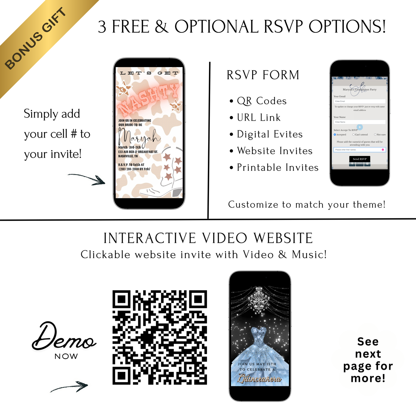 Editable cowgirl nashville bachelorette party party video invitation displayed on a mobile phone, featuring an animated vertical digital invite with music, created in Canva. This premium video invitation template is designed for sharing by text, email, and social media and works with an interactive RSVP website for easy guest response tracking.