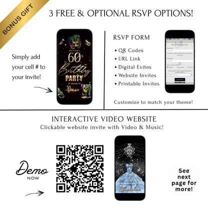 Editable masquerade mardi gras 60th birthday birthday video invitation displayed on a mobile phone, featuring an animated vertical digital invite with music, created in Canva. This premium video invitation template is designed for sharing by text, email, and social media and works with an interactive RSVP website for easy guest response tracking.