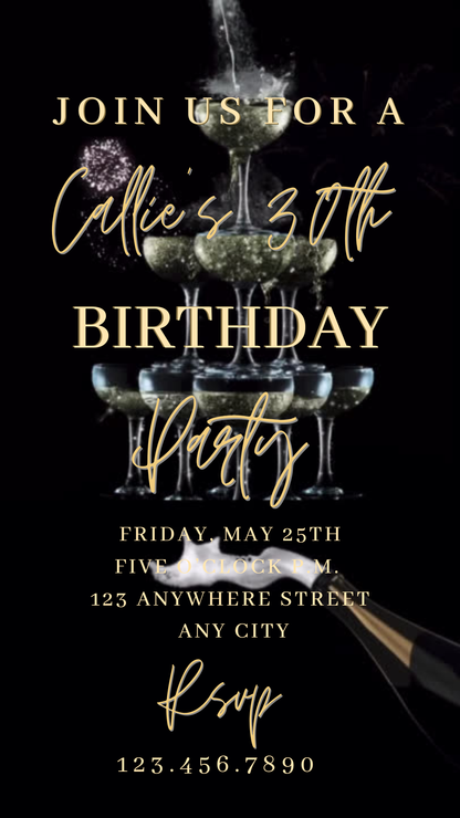 Editable black gold champagne tower 30th birthday party video invitation displayed on a mobile phone, featuring an animated vertical digital invite with music, created in Canva. This premium video invitation template is designed for sharing by text, email, and social media and works with an interactive RSVP website for easy guest response tracking.