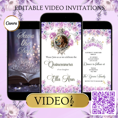 Lilac Quinceanera Video Invite | Animated Sweet 15 Quince Invite | Editable Canva Evite Template