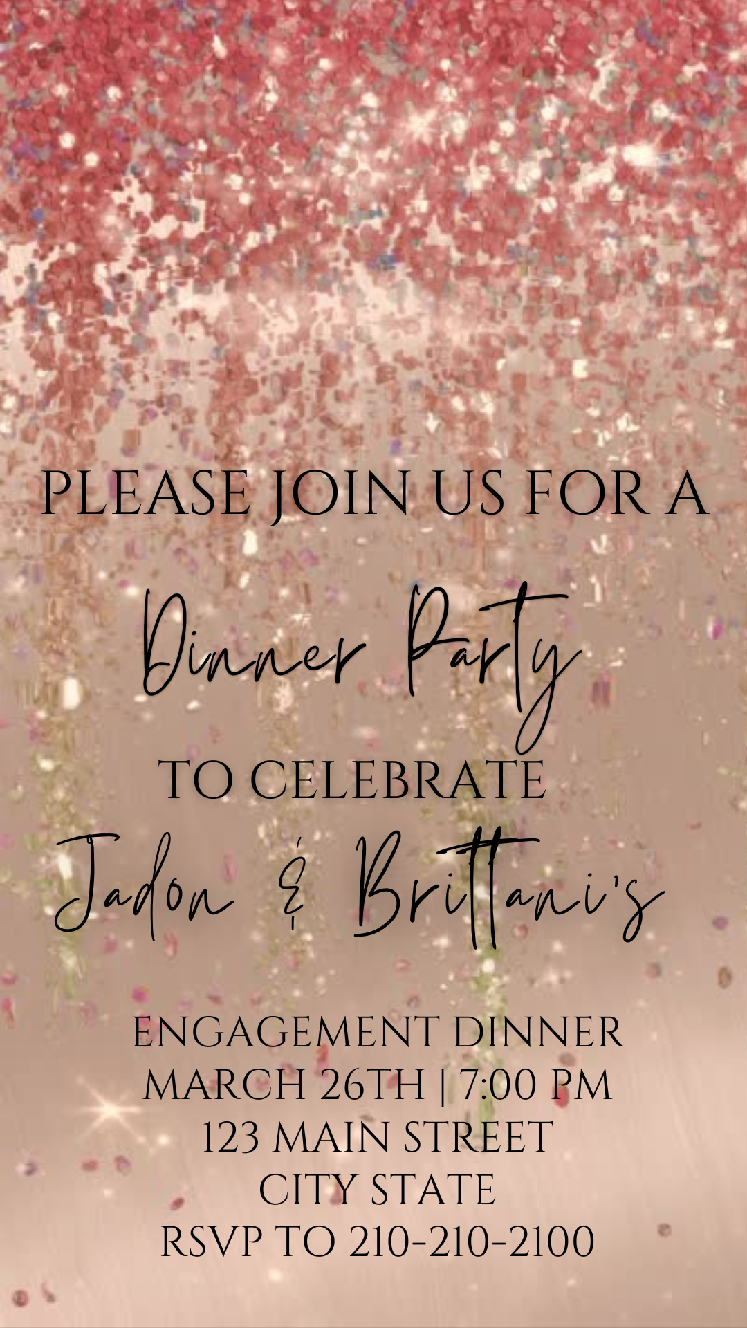 Editable rose gold watercolor glitter engagement dinner video invitation displayed on a mobile phone, featuring an animated vertical digital invite with music, created in Canva. This premium video invitation template is designed for sharing by text, email, and social media and works with an interactive RSVP website for easy guest response tracking.