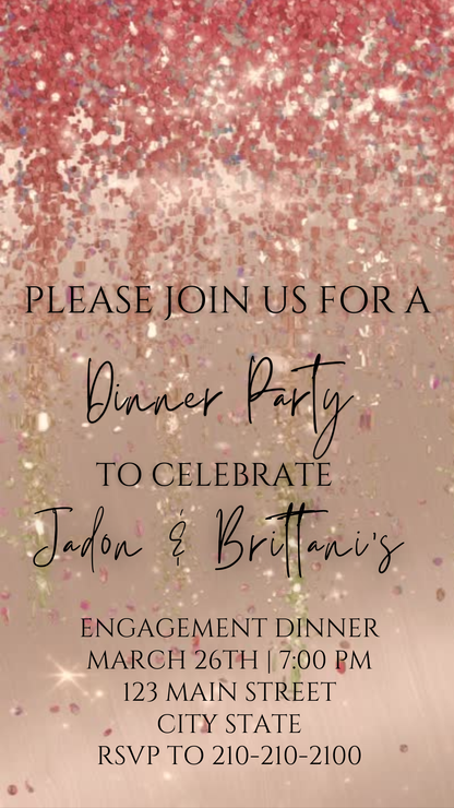 Editable rose gold watercolor glitter engagement dinner video invitation displayed on a mobile phone, featuring an animated vertical digital invite with music, created in Canva. This premium video invitation template is designed for sharing by text, email, and social media and works with an interactive RSVP website for easy guest response tracking.