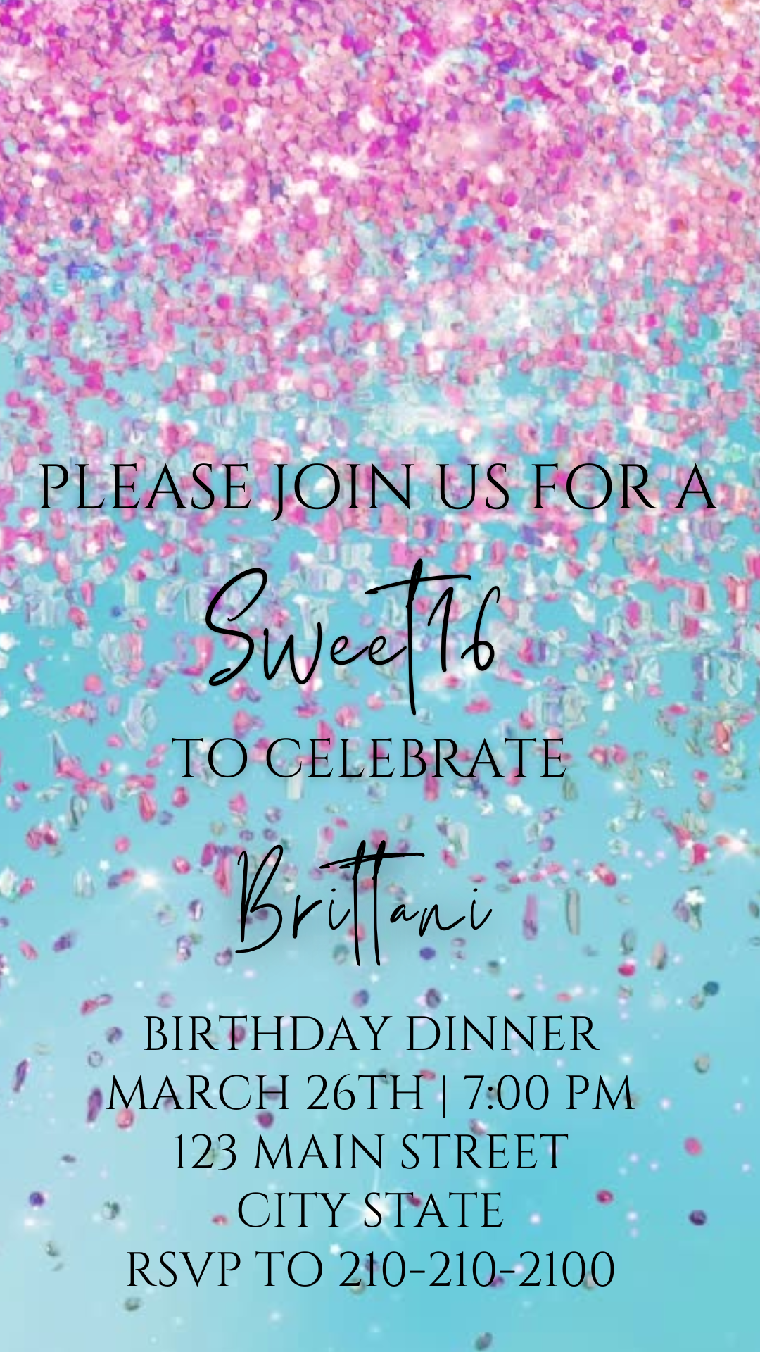Editable pink and blue watercolor glitter sweet 16 birthday dinner video invitation displayed on a mobile phone, featuring an animated vertical digital invite with music, created in Canva. This premium video invitation template is designed for sharing by text, email, and social media and works with an interactive RSVP website for easy guest response tracking.