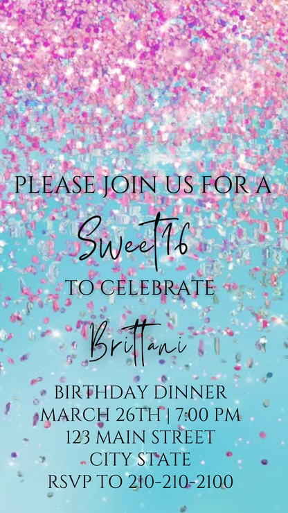 Editable pink and blue watercolor glitter sweet 16 birthday dinner video invitation displayed on a mobile phone, featuring an animated vertical digital invite with music, created in Canva. This premium video invitation template is designed for sharing by text, email, and social media and works with an interactive RSVP website for easy guest response tracking.