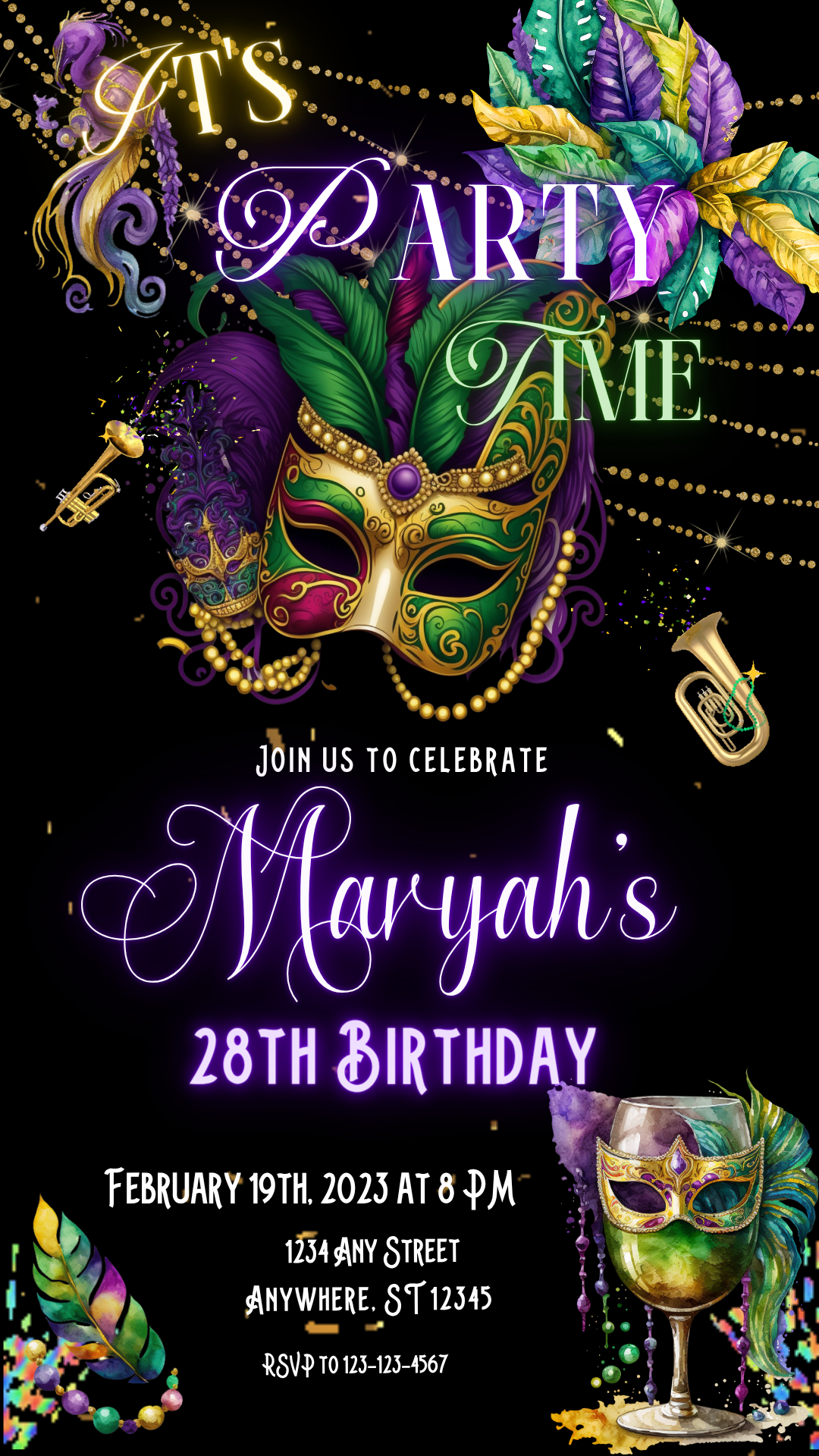 Mardi Gras Mask Video Invitation Instant Download
