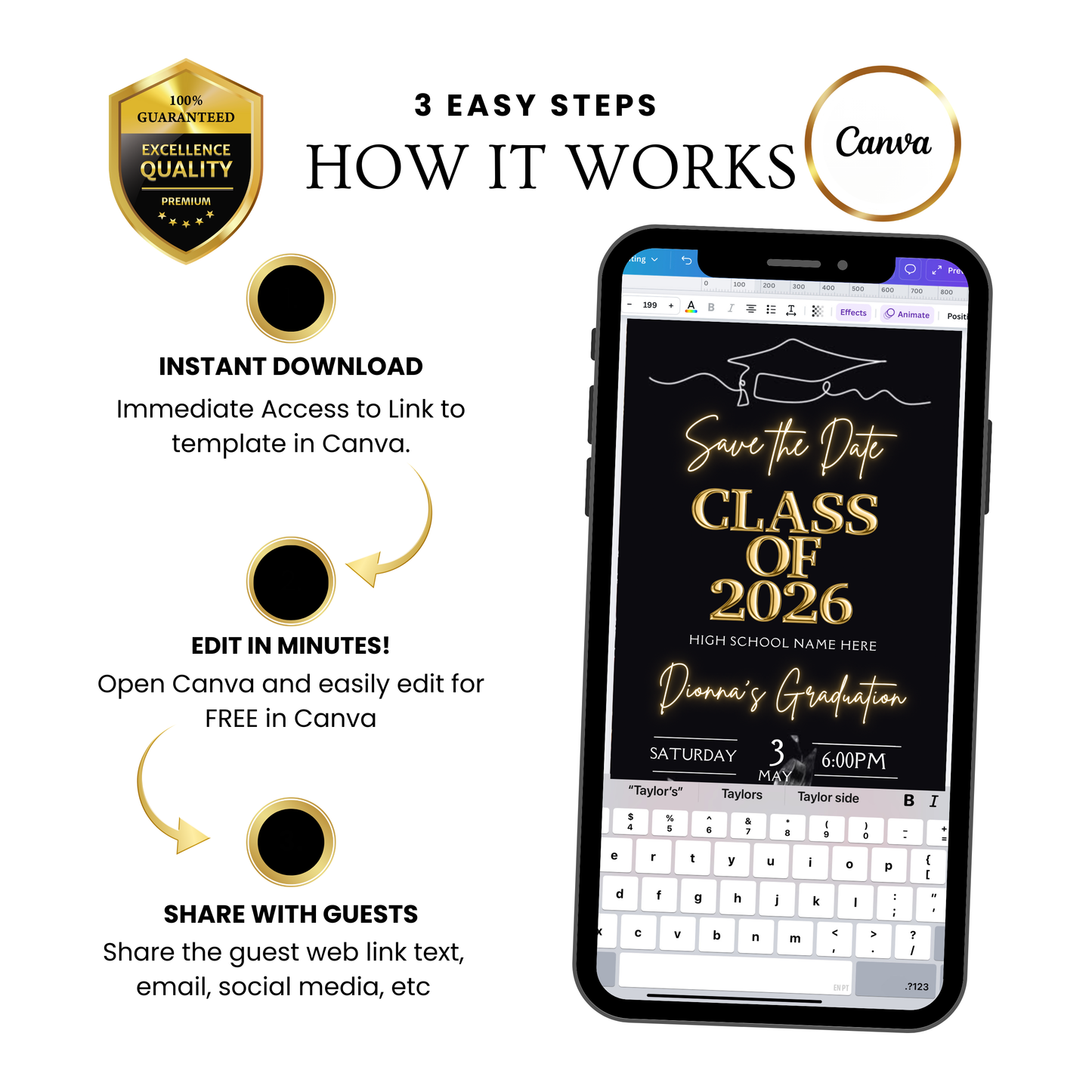 Graduation Party Video Invitation | Digital Gold Graduate Invite | Editable Canva Template