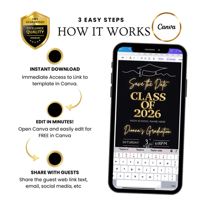 Graduation Party Video Invitation | Digital Gold Graduate Invite | Editable Canva Template