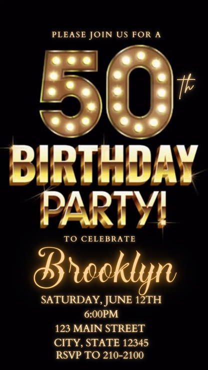 Gold Lights Marquee Video Invitation Instant Download