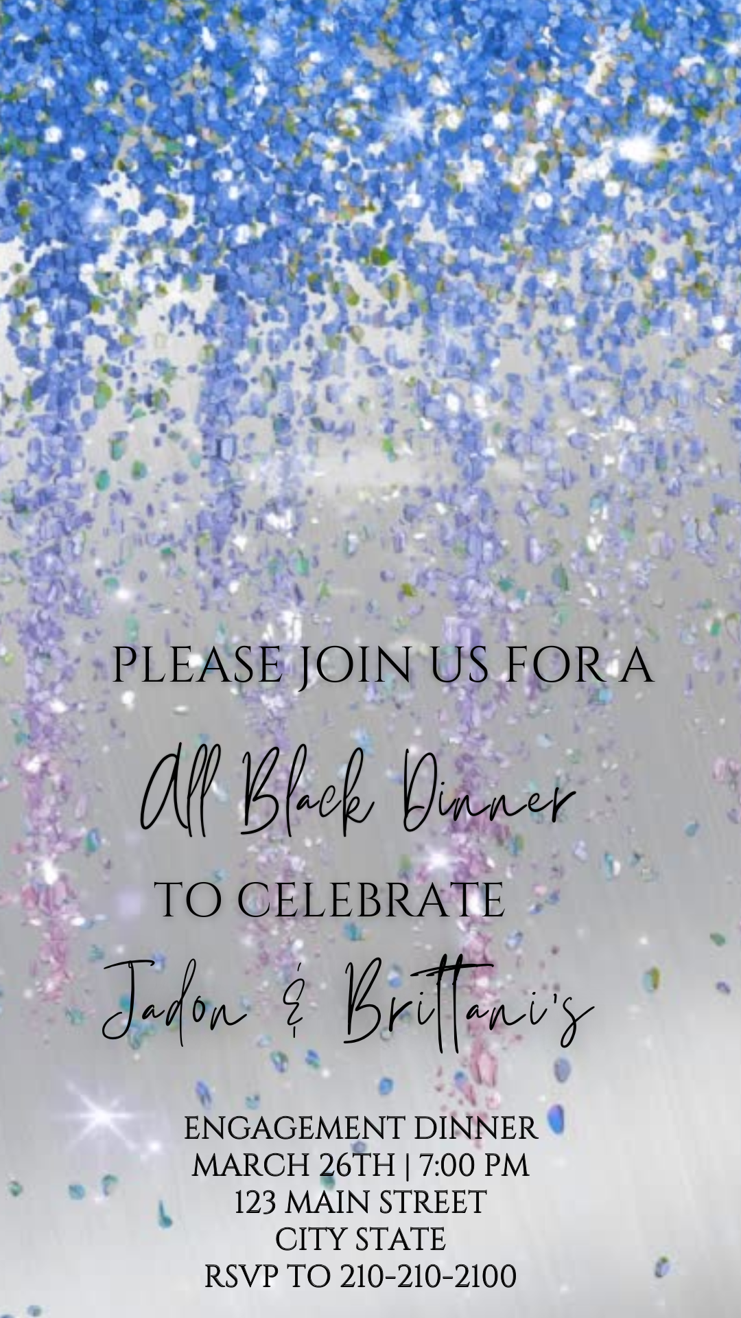 Editable blue and gray watercolor glitter engagement dinner video invitation displayed on a mobile phone, featuring an animated vertical digital invite with music, created in Canva. This premium video invitation template is designed for sharing by text, email, and social media and works with an interactive RSVP website for easy guest response tracking.