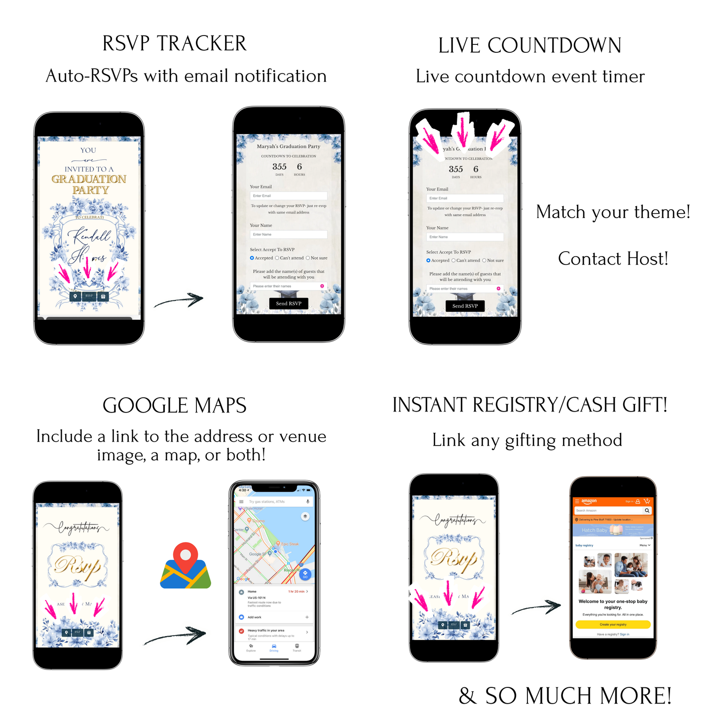 Editable woodland hot air balloon baby shower baby shower video invitation displayed on a mobile phone, featuring an animated vertical digital invite with music, created in Canva. This premium video invitation template is designed for sharing by text, email, and social media and works with an interactive RSVP website for easy guest response tracking.