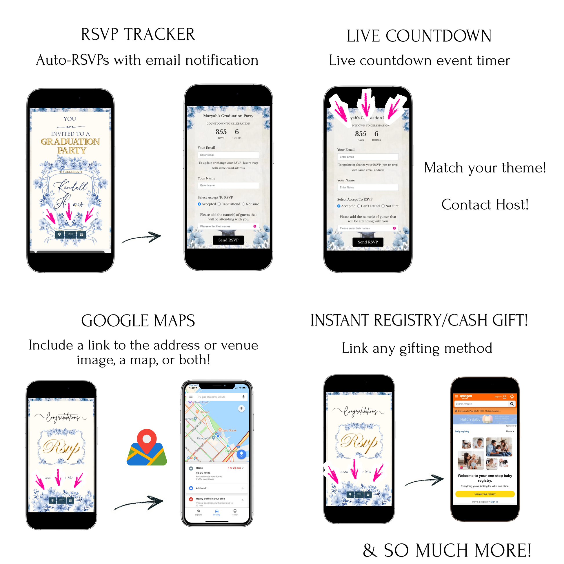 Editable woodland hot air balloon baby shower baby shower video invitation displayed on a mobile phone, featuring an animated vertical digital invite with music, created in Canva. This premium video invitation template is designed for sharing by text, email, and social media and works with an interactive RSVP website for easy guest response tracking.