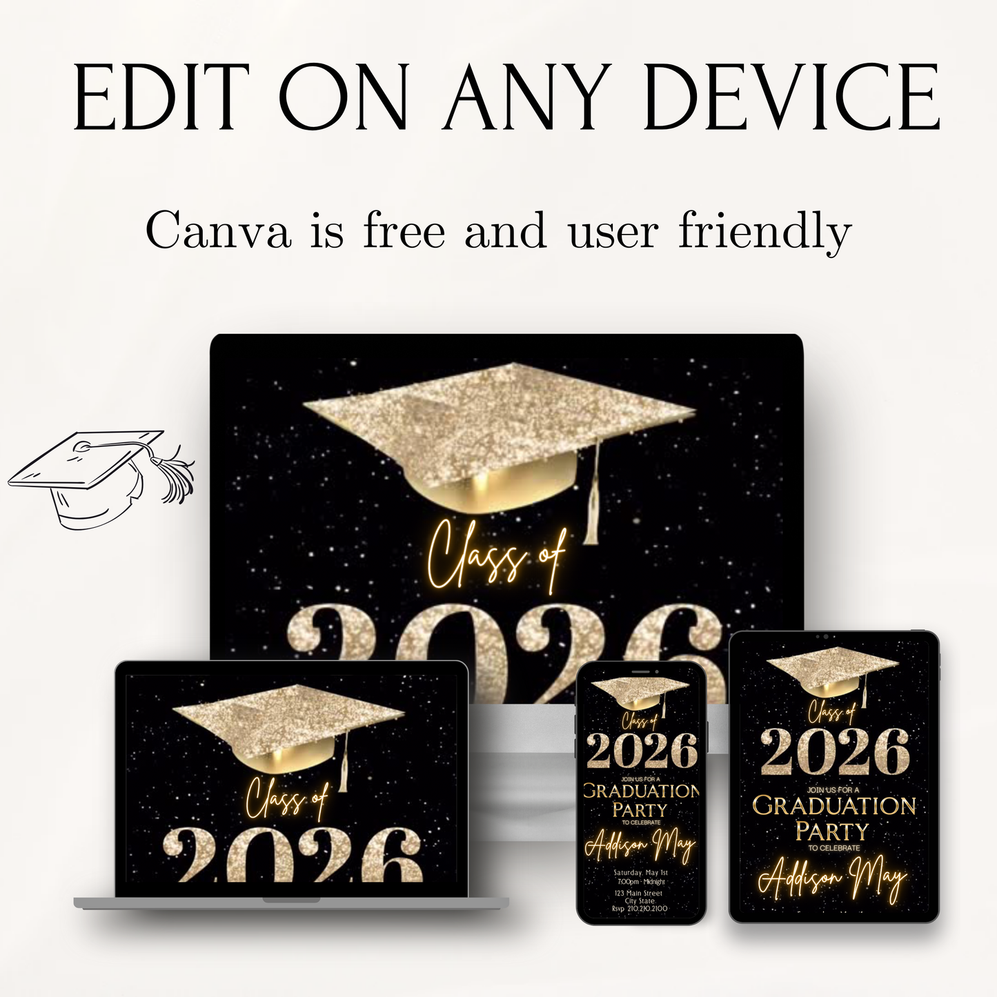Graduation Party Video Invitation | Black and Gold Graduation RSVP Invite | Editable Online RSVP Evite Canva Template