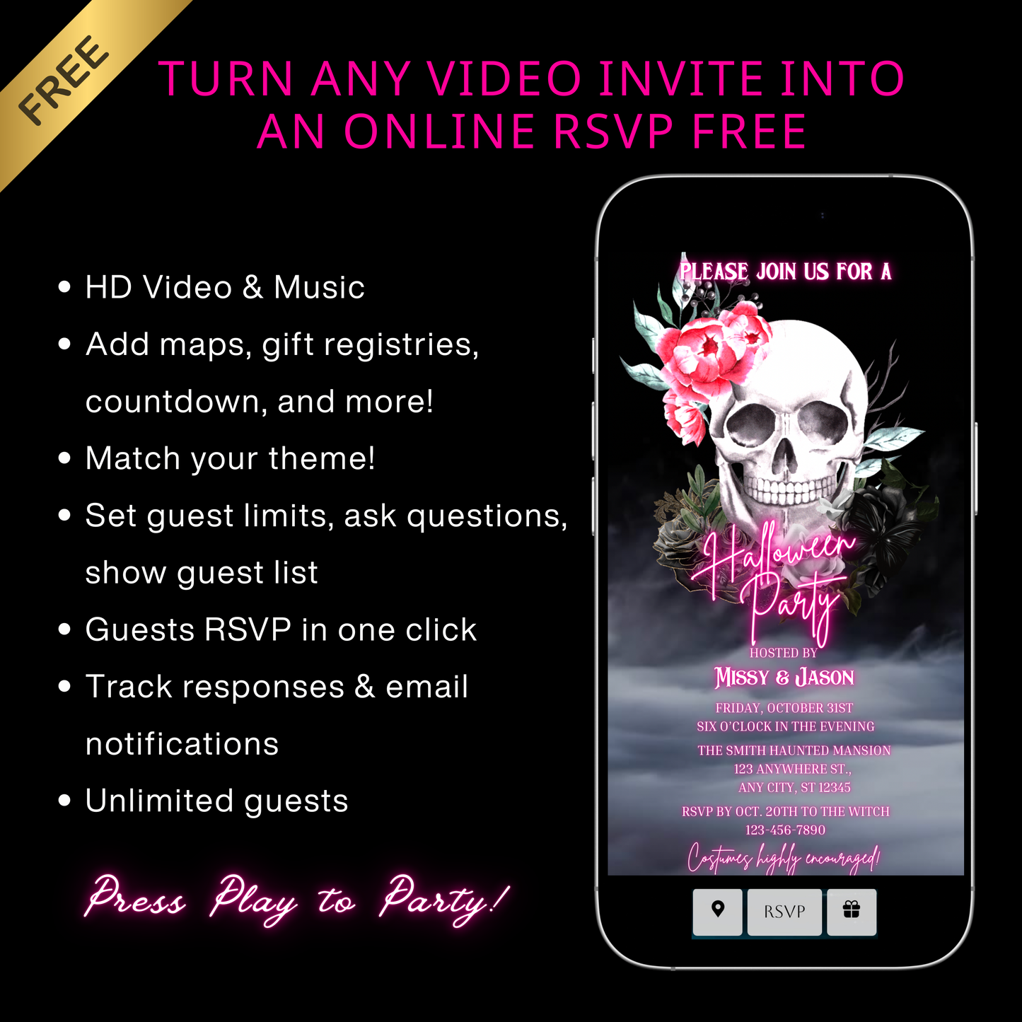Halloween-Videoeinladung, animierte Einladung mit rosa Totenkopf, bearbeitbare mobile Einladung zur Halloween-Party