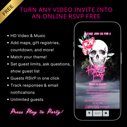 Halloween-Videoeinladung, animierte Einladung mit rosa Totenkopf, bearbeitbare mobile Einladung zur Halloween-Party