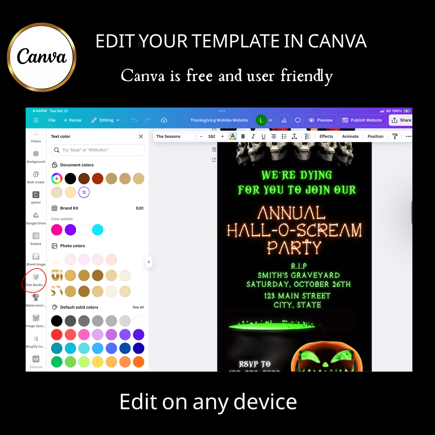 Halloween-Videoeinladung, animierte Einladung mit Totenköpfen und Skeletten, bearbeitbare mobile Einladung zur Halloween-Party