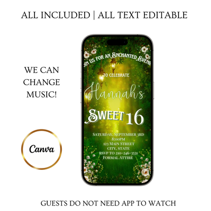 Enchanted Forest Video Invite | Animated Sweet 15 16 Save the Date Evite | Editable Canva Evite Template