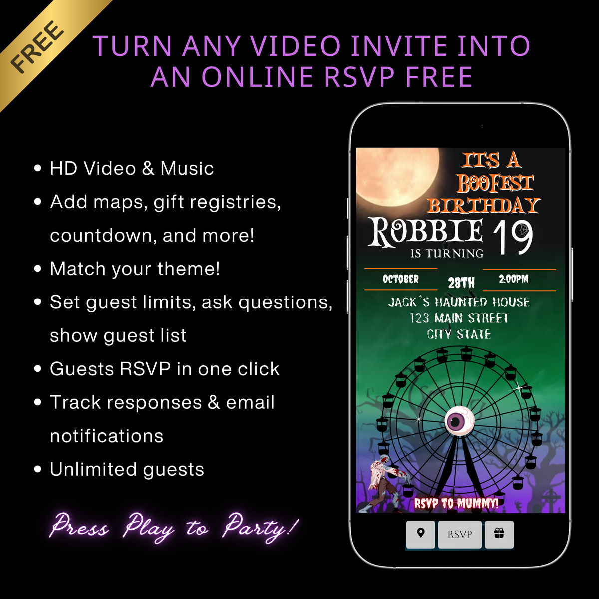 Halloween Video Invitation, Hallow Fest Animated Invite, Editable Halloween Party Mobile Evite