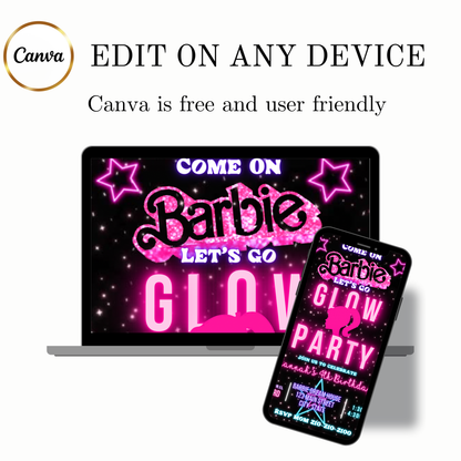 Editable Barbie Video Invitation | Animated Pink Barbie Digital Evite | Editable Canva Invite Template
