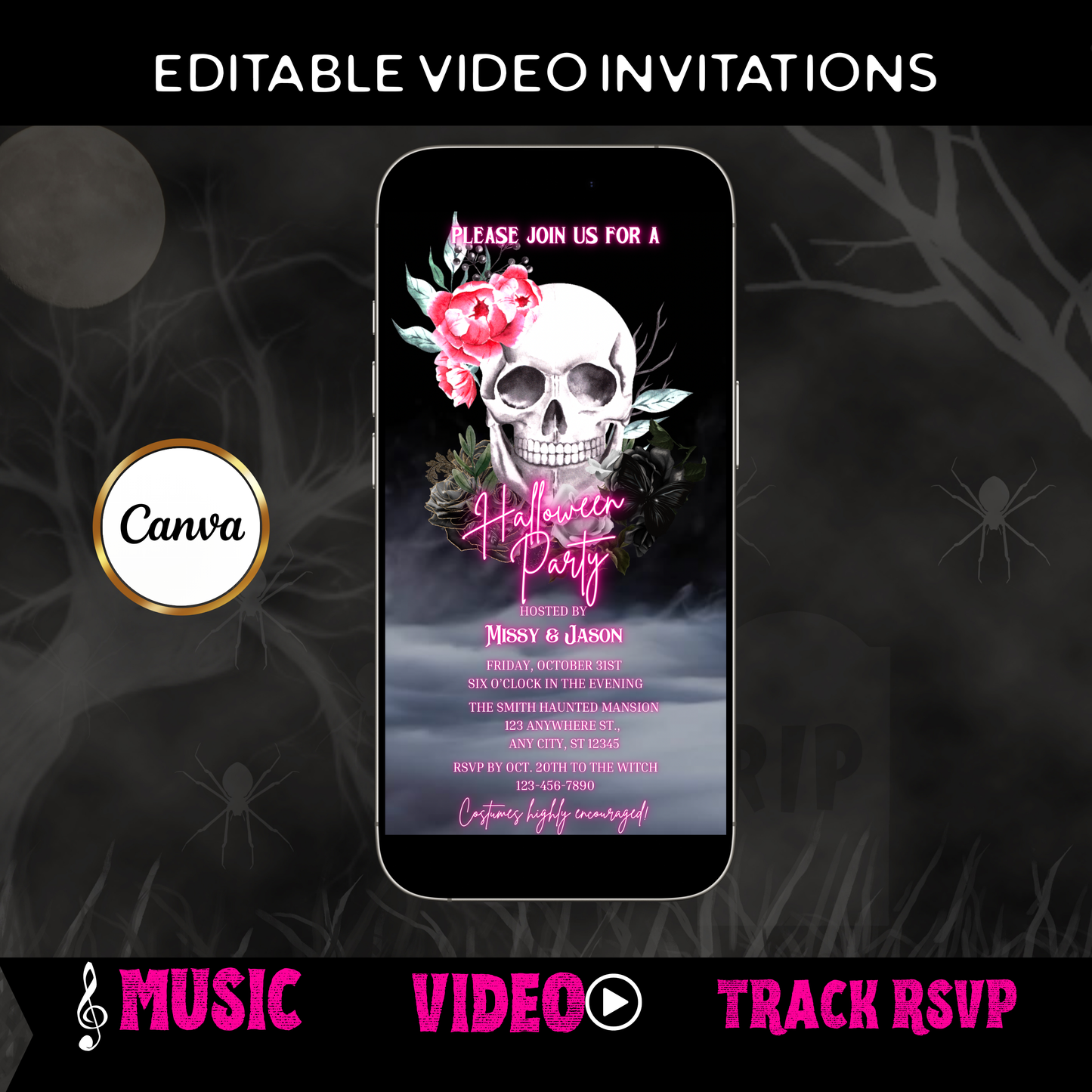 Halloween-Videoeinladung, animierte Einladung mit rosa Totenkopf, bearbeitbare mobile Einladung zur Halloween-Party