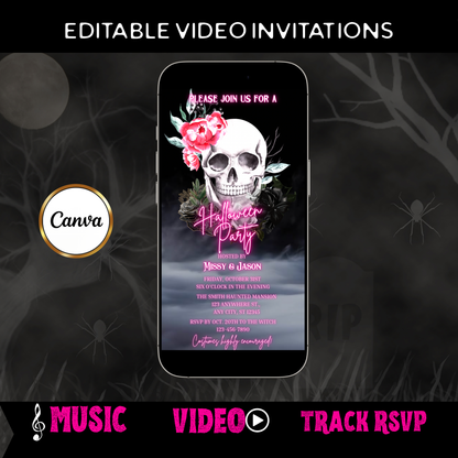 Halloween-Videoeinladung, animierte Einladung mit rosa Totenkopf, bearbeitbare mobile Einladung zur Halloween-Party