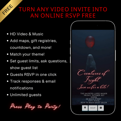 Halloween Video Invitation, Red Balloon It Animated Invite, Editable Halloween Party Mobile Evite