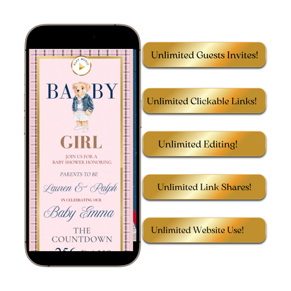 Pink Polo Ralph Lauren Baby Shower Invitation Website | Animated Classic Polo Girl Baby Shower Invite with Rsvp tracking