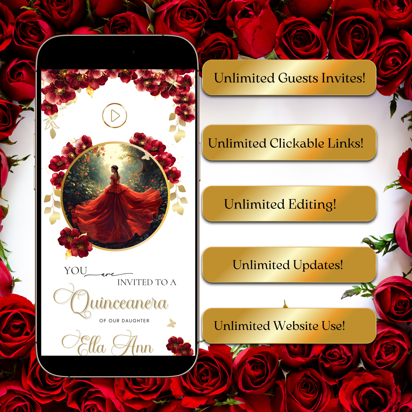 Red Quinceanera mini-Website RSVP tracker| Animated Sweet 15 16 Video Invitation | Canva Template