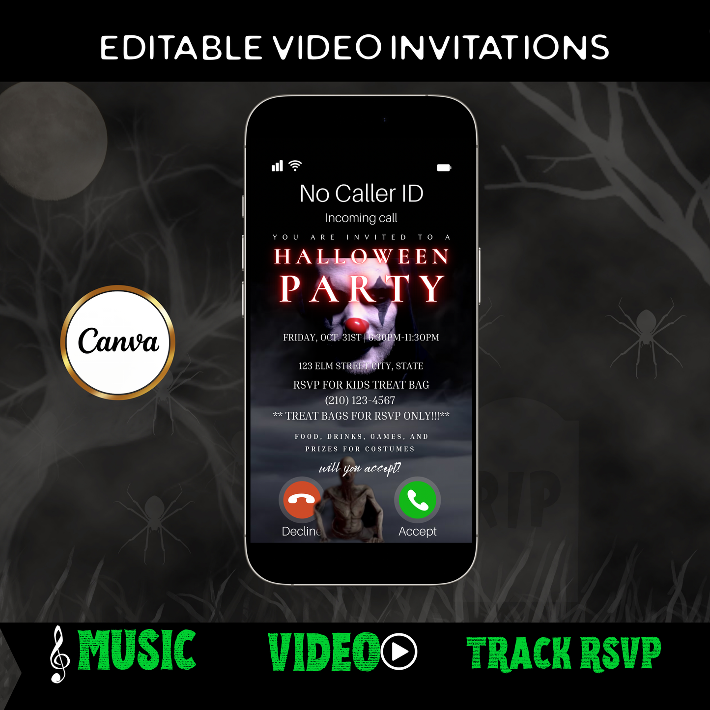 Halloween Video Invitation, Scary Clown Animated Invite, Editable Halloween Party Mobile Evite