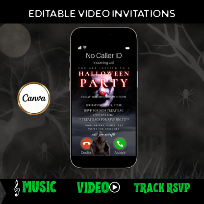 Halloween Video Invitation, Scary Clown Animated Invite, Editable Halloween Party Mobile Evite