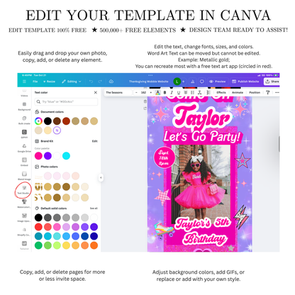 Editable Barbie Video Invitation | Animated Pink Barbie Digital Evite | Editable Canva Invite Template