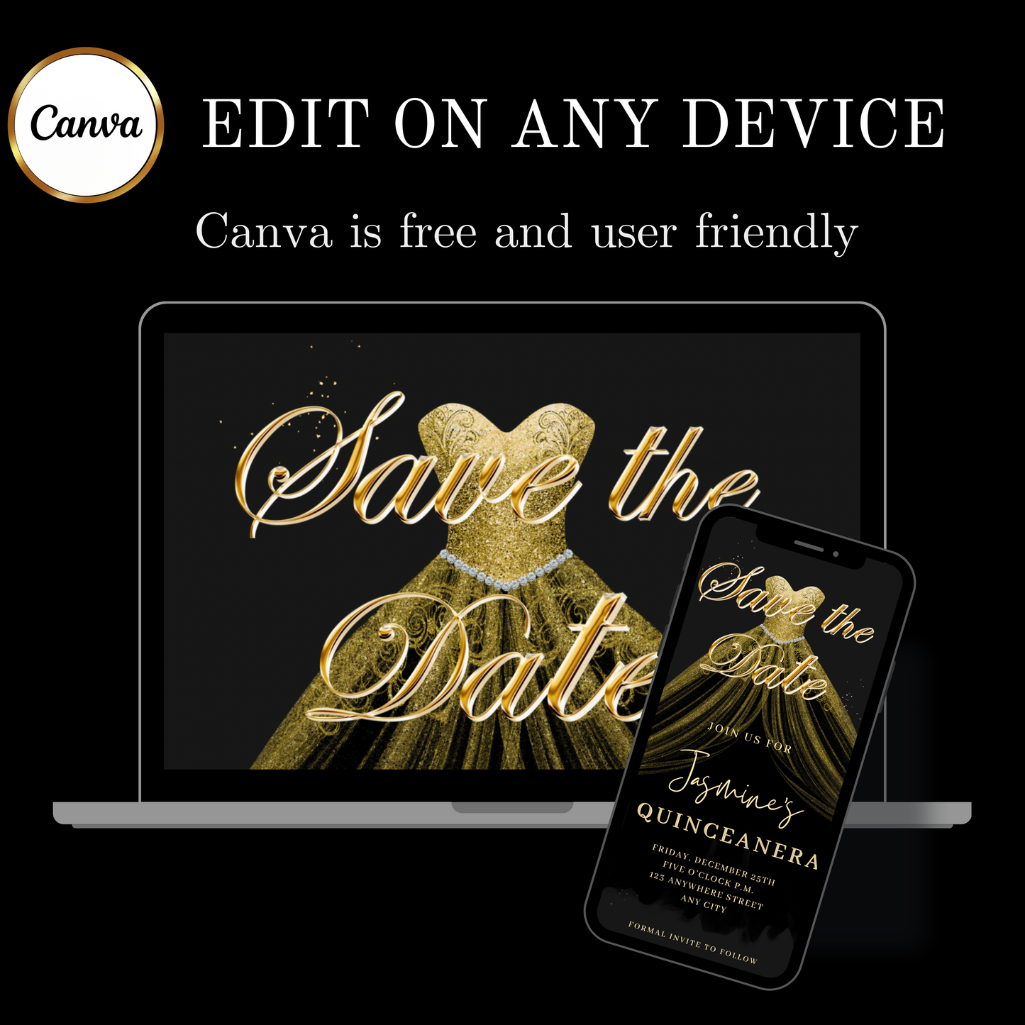 Gold Quinceañera Video Invite | Sweet 15 16 Quince RSVP Tracker | Editable Canva Evite Template