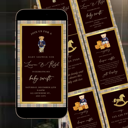 Polo Bear Baby Shower Video Invitation | Digital Ralph Lauren Plaid Invite | Editable Canva Template