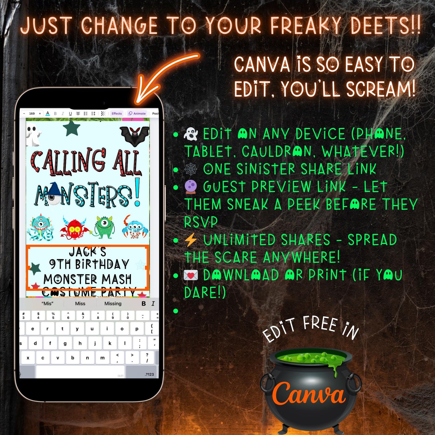 Halloween-Videoeinladung, animierte Monster-Mash-Einladung, bearbeitbare mobile Halloween-Party-Einladung