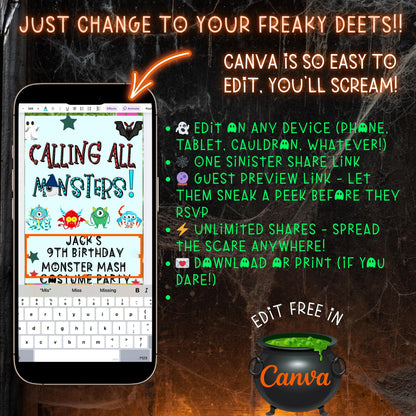 Halloween-Videoeinladung, animierte Monster-Mash-Einladung, bearbeitbare mobile Halloween-Party-Einladung