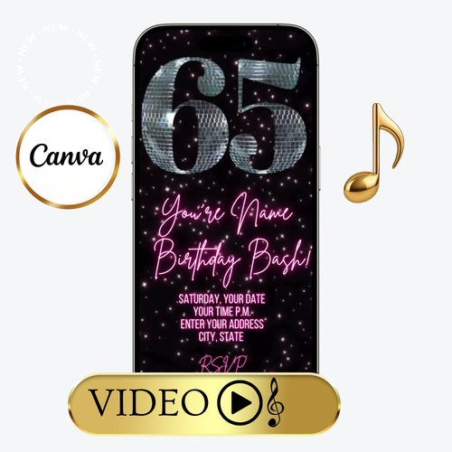 65th Birthday Disco Video Invitation | Digital Retro Party Invite | Editable Canva Template