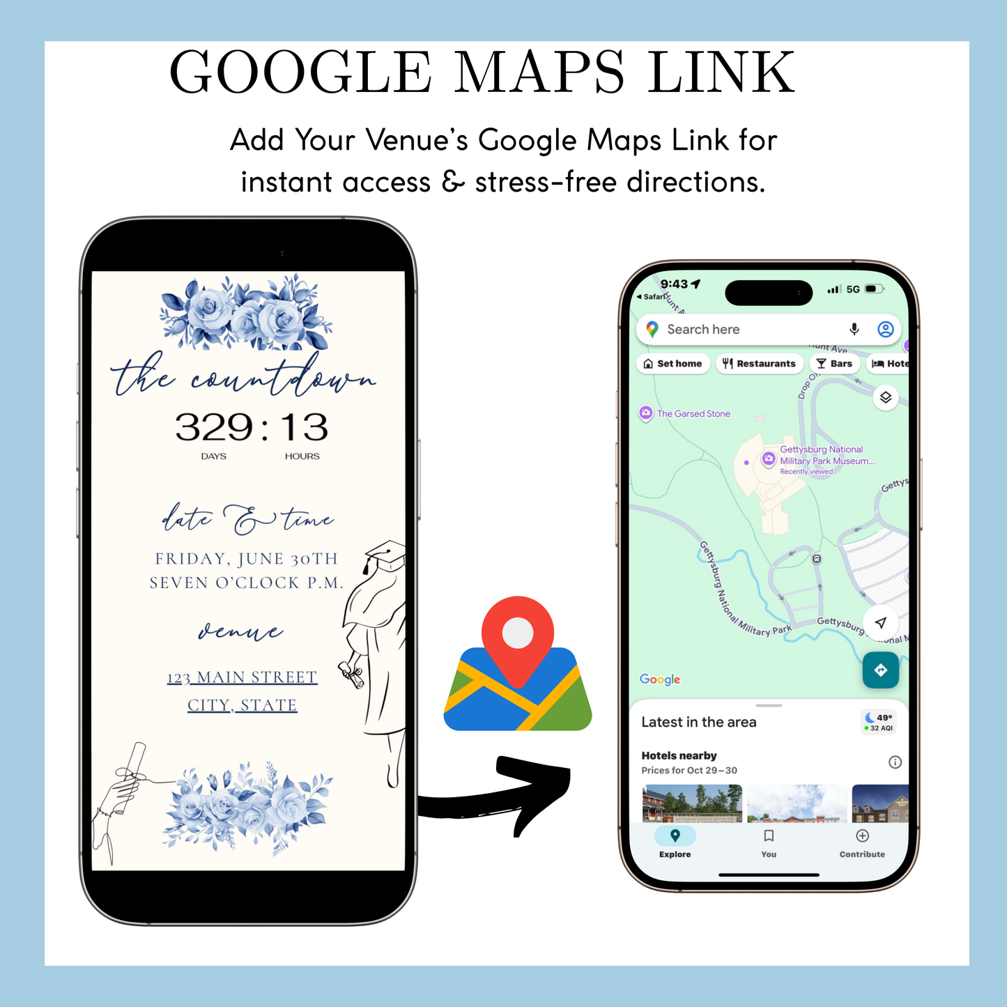 Einladung zur Abschlussfeier 2026 | Canva-Vorlage für Antwortmöglichkeit mit Musik | Blaues Blumenmuster für sie