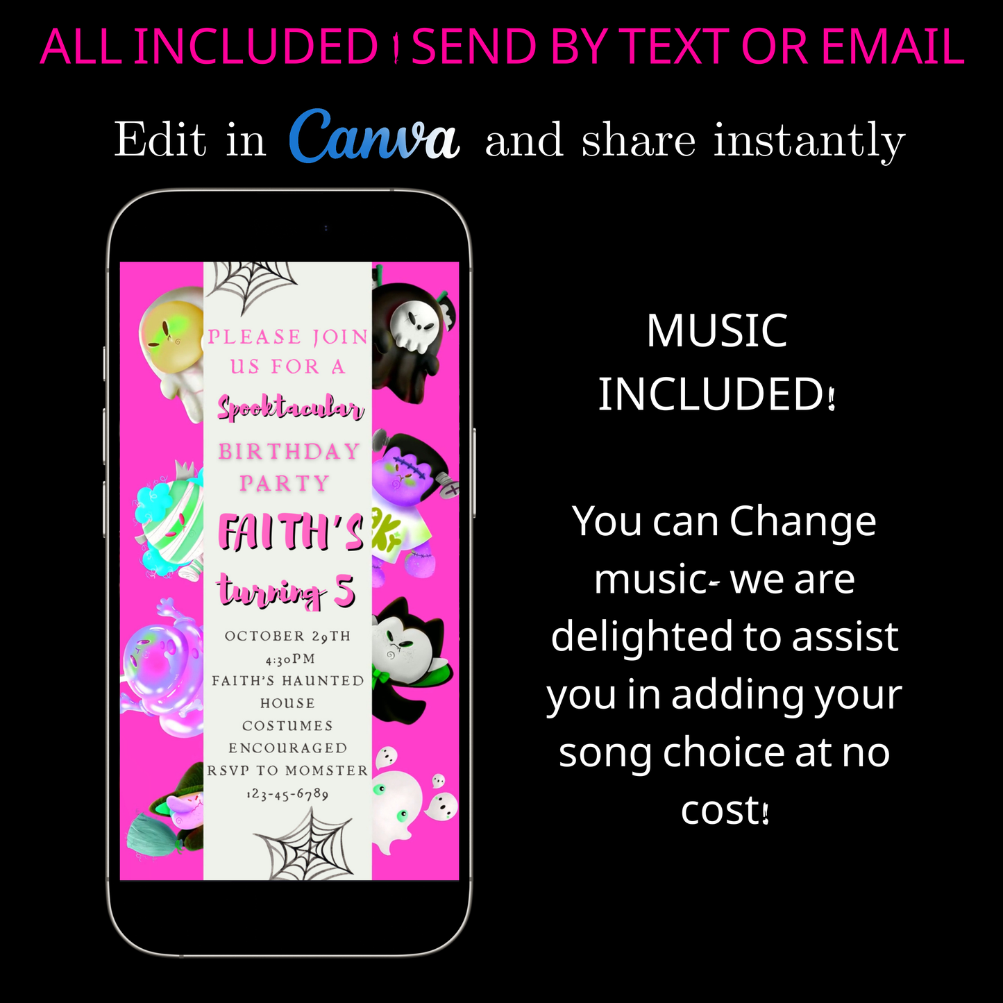 Halloween-Videoeinladung, animierte Einladung „Pink Little Monsters“, bearbeitbare mobile Einladung zur Halloween-Party