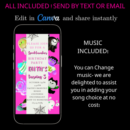 Halloween-Videoeinladung, animierte Einladung „Pink Little Monsters“, bearbeitbare mobile Einladung zur Halloween-Party