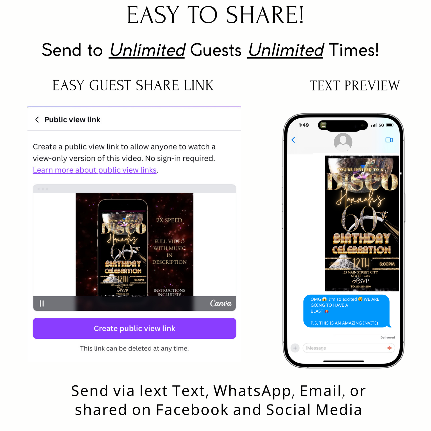 Disco 60th Birthday Party Video Invitation | Champagne Disco Theme Digital Evite | Editable Canva Template