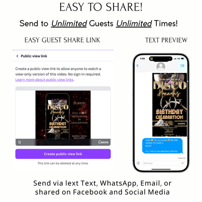 Disco 60th Birthday Party Video Invitation | Champagne Disco Theme Digital Evite | Editable Canva Template