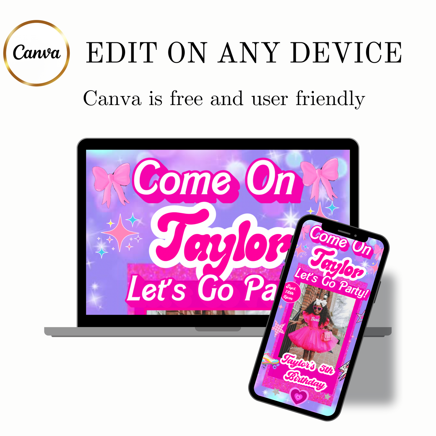 Editable Barbie Video Invitation | Animated Pink Barbie Digital Evite | Editable Canva Invite Template