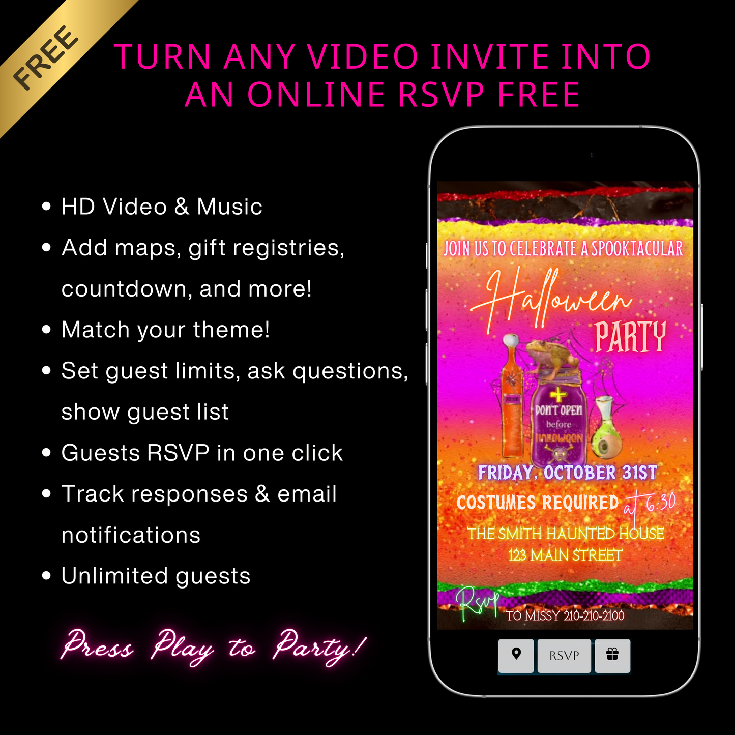 Editable Halloween Party Video Invitation | Canva Evite Template