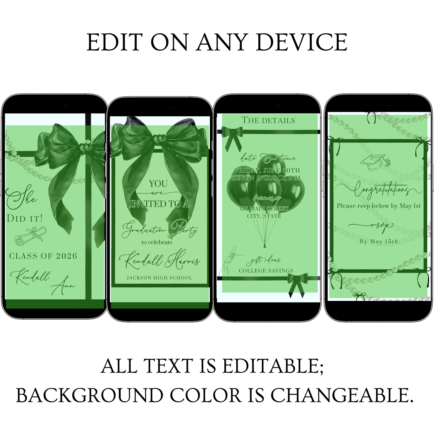 Graduation Party Video Invitation | Light Blue and Black Bow Graduation Invite for Her | Editable Online RSVP Evite Canva Template