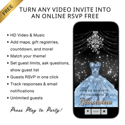Silver Quinceanera Video Invite | Animated Sweet 15 16 Quince Evite | Editable Canva Evite Template