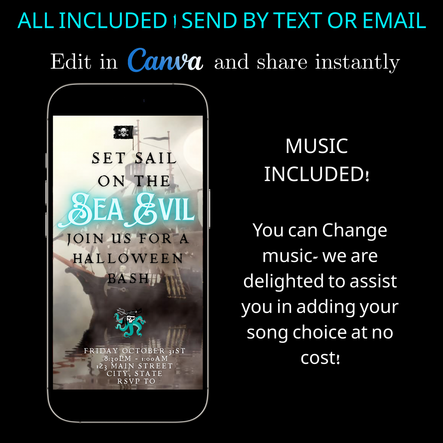 Halloween-Videoeinladung, animierte Einladung mit Geisterschiff-Motiv, bearbeitbare mobile Halloween-Party-Einladung