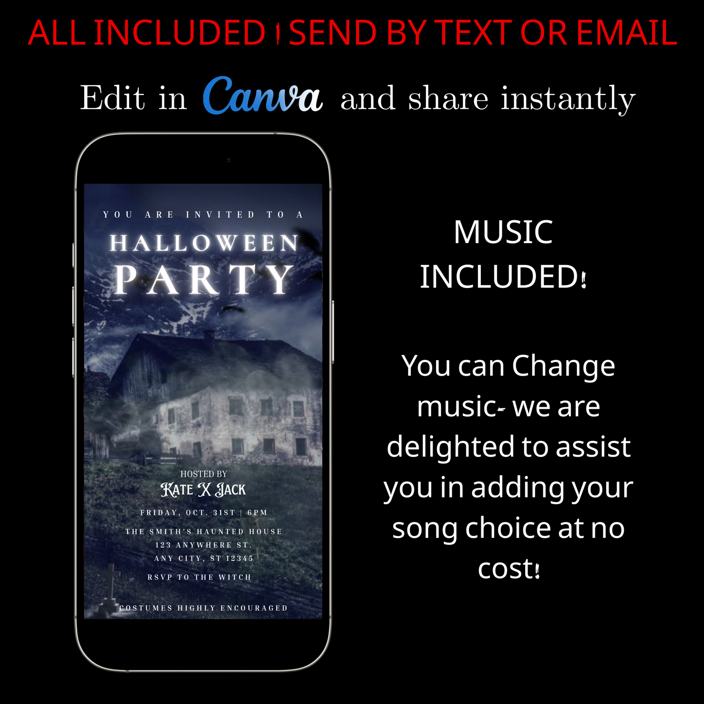 Halloween-Videoeinladung, animierte Einladung zur Spukscheune, bearbeitbare mobile Halloween-Partyeinladung