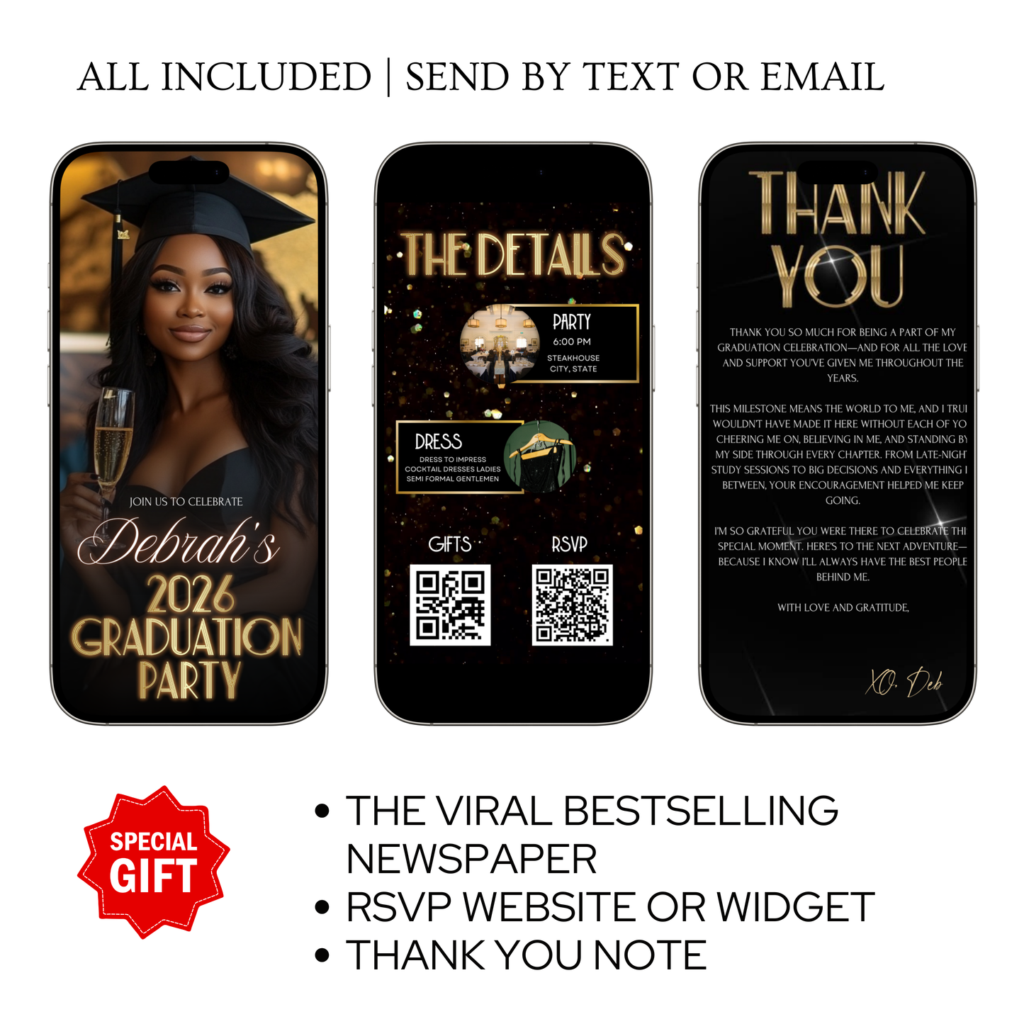 Black and Gold Graduation Party Video Invitation | Digital Glam Graduation Invite | Editable Online RSVP Evite Canva Template