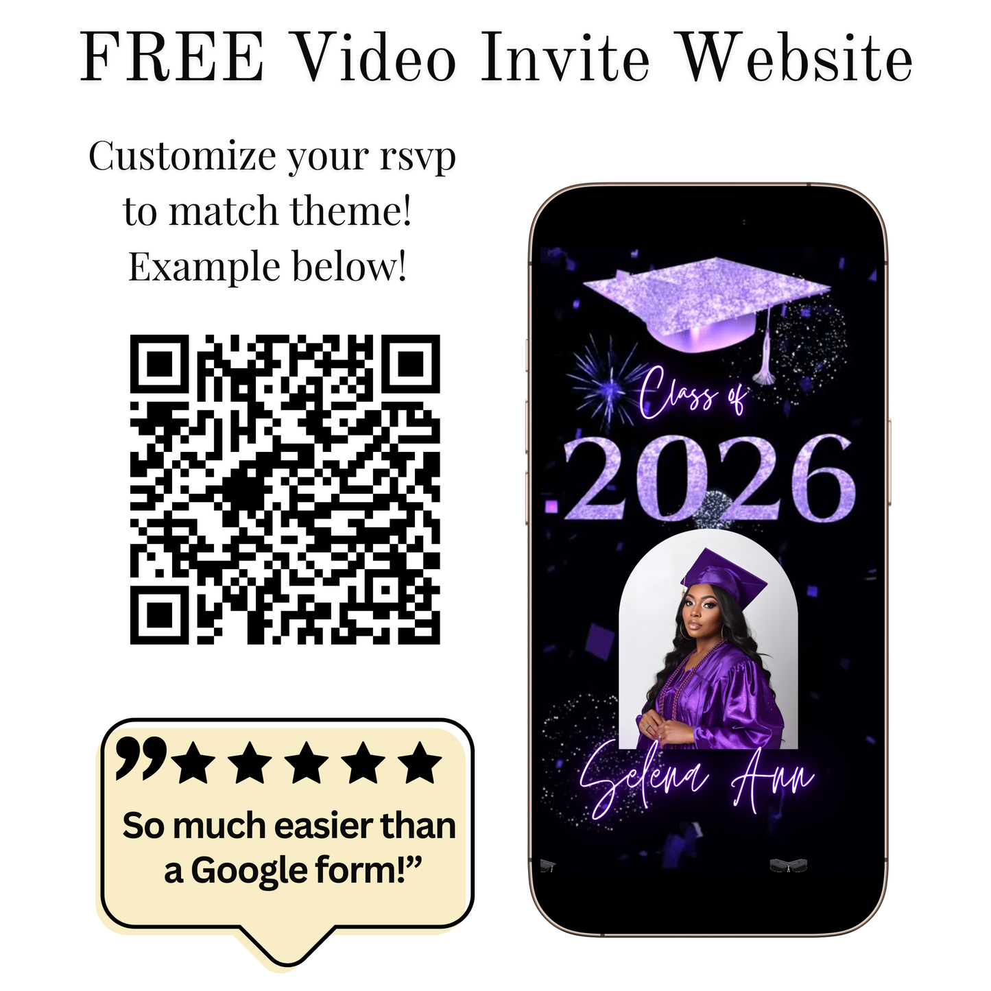Graduation Party Video Invitation | Purple and Black Graduation Invite for Her | Editable Online RSVP Evite Canva Template