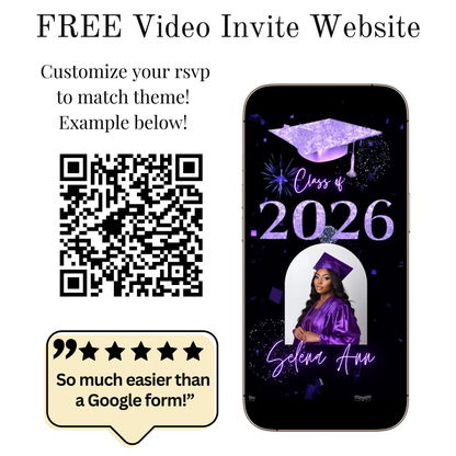 Graduation Party Video Invitation | Purple and Black Graduation Invite for Her | Editable Online RSVP Evite Canva Template